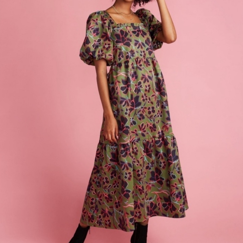 CROSBY Mollie Burch Goldie Tiered Maxi Dress Olive Floral Puff Sleeve M Jacquard